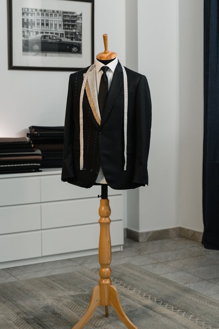Services-02 A stylish black suit jacket displayed on a mannequin with a measuring tape, showcasing bespoke tailoring in an elegant studio setting.