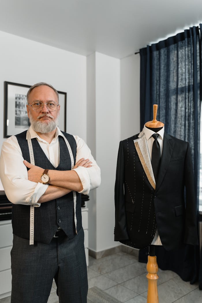creative Experienced tailor posing in stylish workshop with a bespoke suit on mannequin.